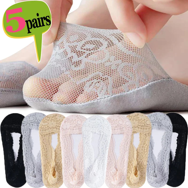 1/5pairs Ballet Lace Flower Sock Slippers Women Summer Silicone Non-slip Ankle Sox Invisible Slipper Lady Hollow Boat Socks Sox