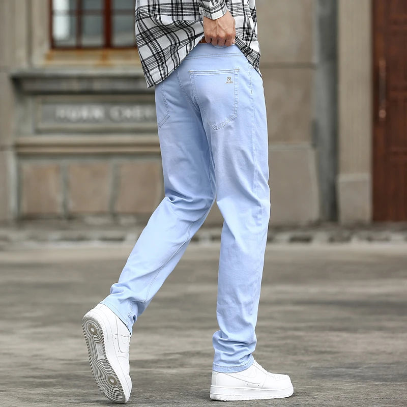 2023 Autumn New Men's Sky Blue Slim Stretch Jeans Classic Style Fashion Casual Denim Pants Male Brand Trousers