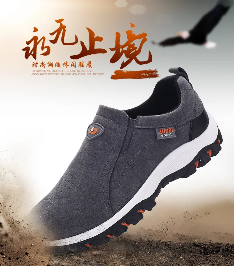 New Men Slip on Hiking Shoes PU Leather Climbing Footwear Male Outdoor Light Soft Rubber Sole Jogging Trekking Walking Sneakers