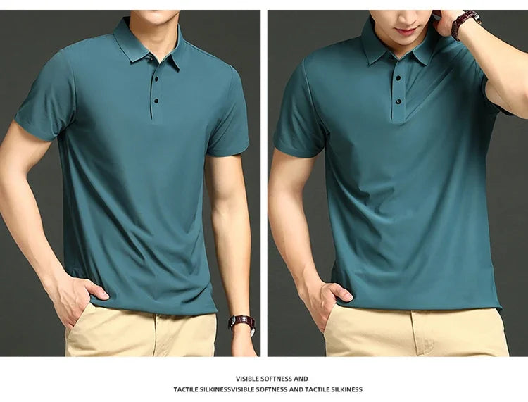 Summer T-shirt Short Sleeve Stretch Ice Silk Polo Shirt Men Business Casual Lapels Slim-Fitting Seamless Mercerized Thin Top Men