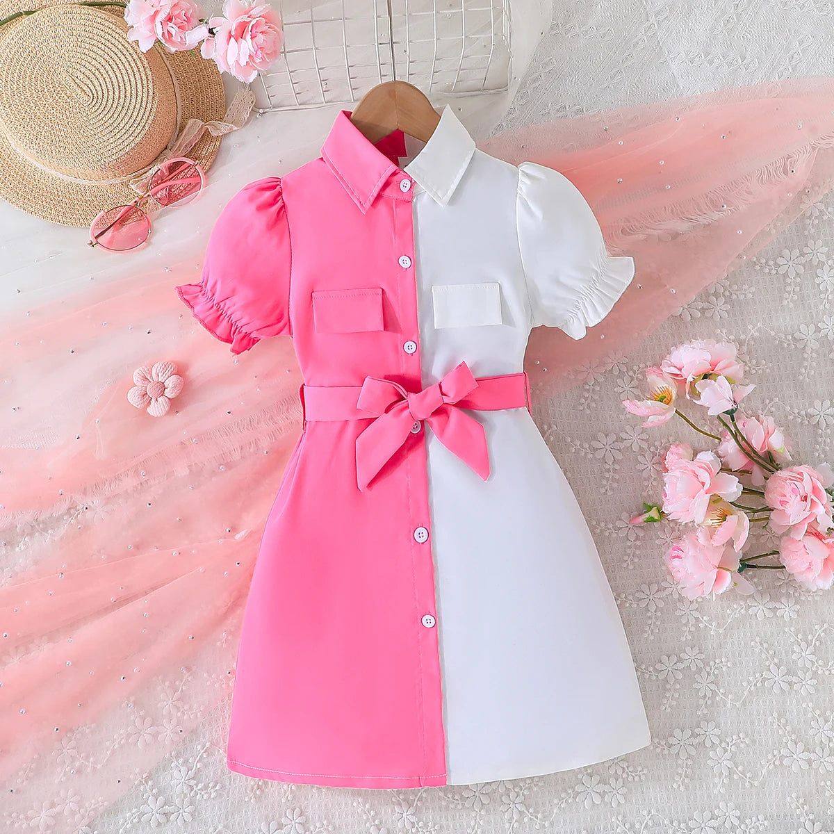 Dress For Kids 4-7 Years old Fashion Short Sleeve Princess Formal Button Stitching Dresses with Belt Ootd For Baby Girl