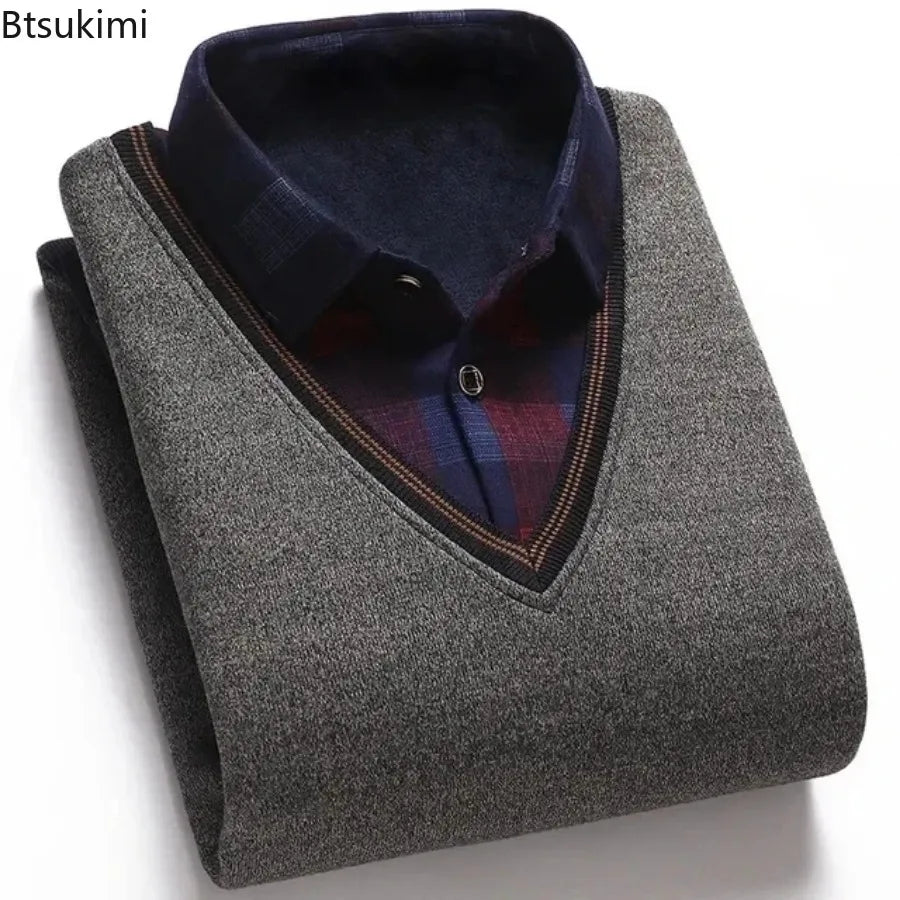 New 2024 Men's Warm Velvet Padded Shirt Collar Sweater Loose Knit Slim Sweater Men Winter Fake Two-piece Sweater Male Warm Tops