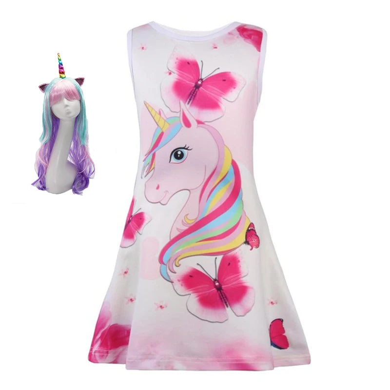 2023 New Summer Children Princess Dress Cartoon Unicorn Butterfly Cotton Dress Sleeveless Party Girl Kid Rainbow Dresses Clothes