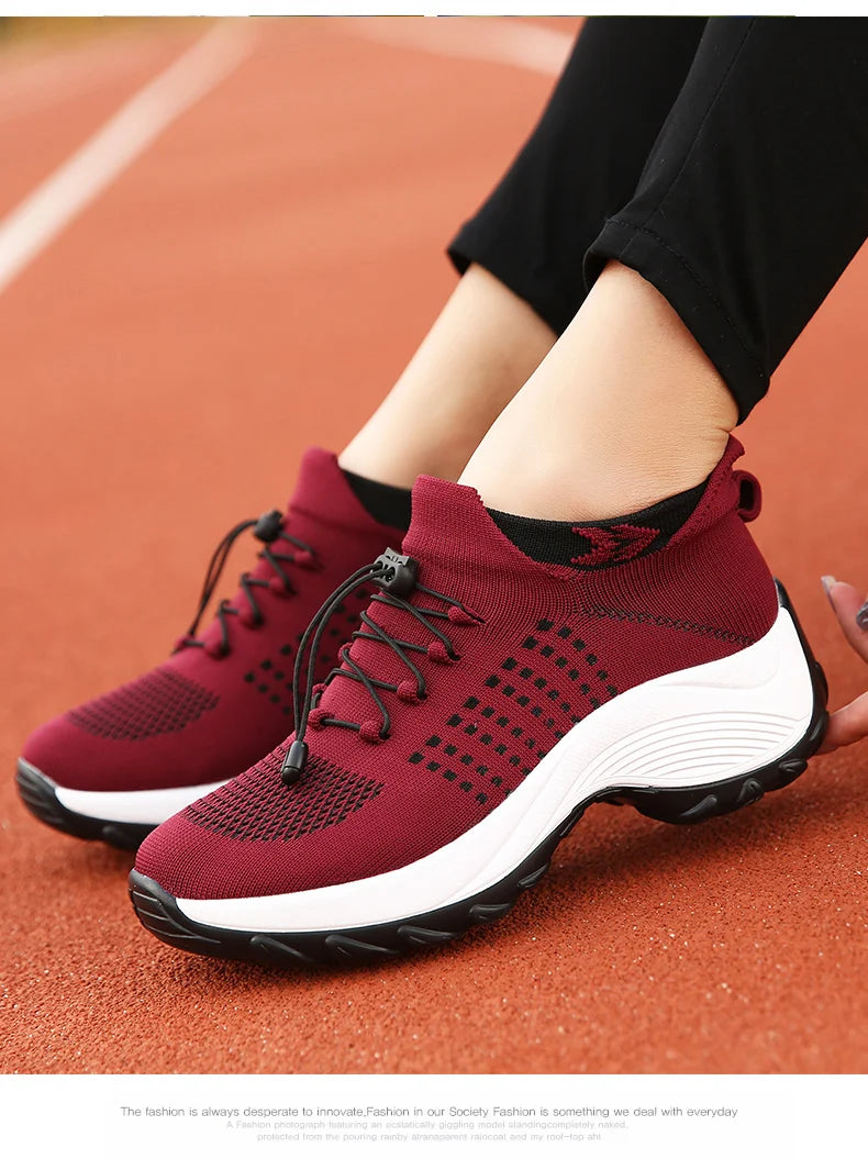 Women's Walking Shoes Fashion Sock Sneakers Mesh Breathe Comfortable Nursing Trainers Casual Platform Loafers Non-Slip Elevator