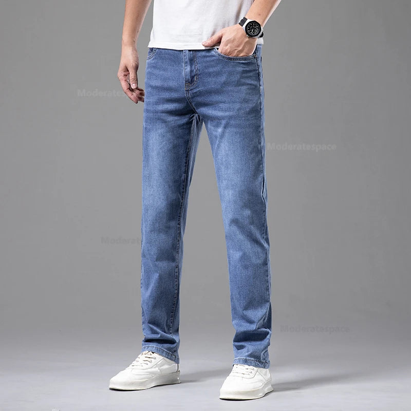 Summer Thin Men's Cotton Jeans New Fashion Gray Elastic Straight Business Casual Pants Comfortable Brand Trousers