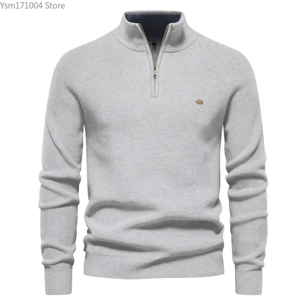 New Men's Sweater Half High Neck Zipper Solid Elastic Slim Fit Long Sleeve Pullover Casual Business Men Knitted Pullover Sweater