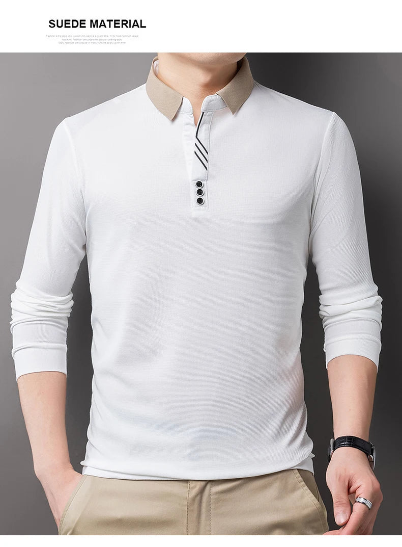 New Men's Casual Stripe Plaid Long Sleeve Polo Shirt Fashion Solid Polo Top