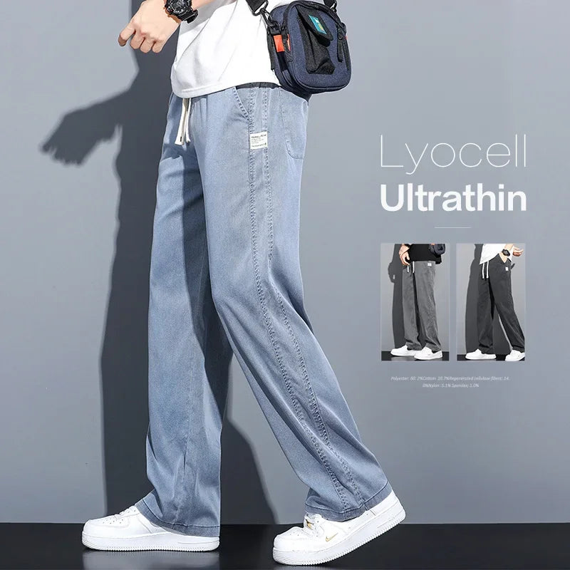 S-5XL 6Style,Men's Loose Jeans Summer Soft Lyocell Thin Fabric Straight Pants Drawstring Elastic Waist Korea Casual Trousers,Y2K