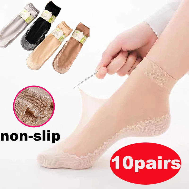 20Pcs=10Pais Summer Women Socks Non-Slip Sweat-Absorbing Cotton Soft Thin Breathable Fashion Sexy Silk Sock Ladies Transparent