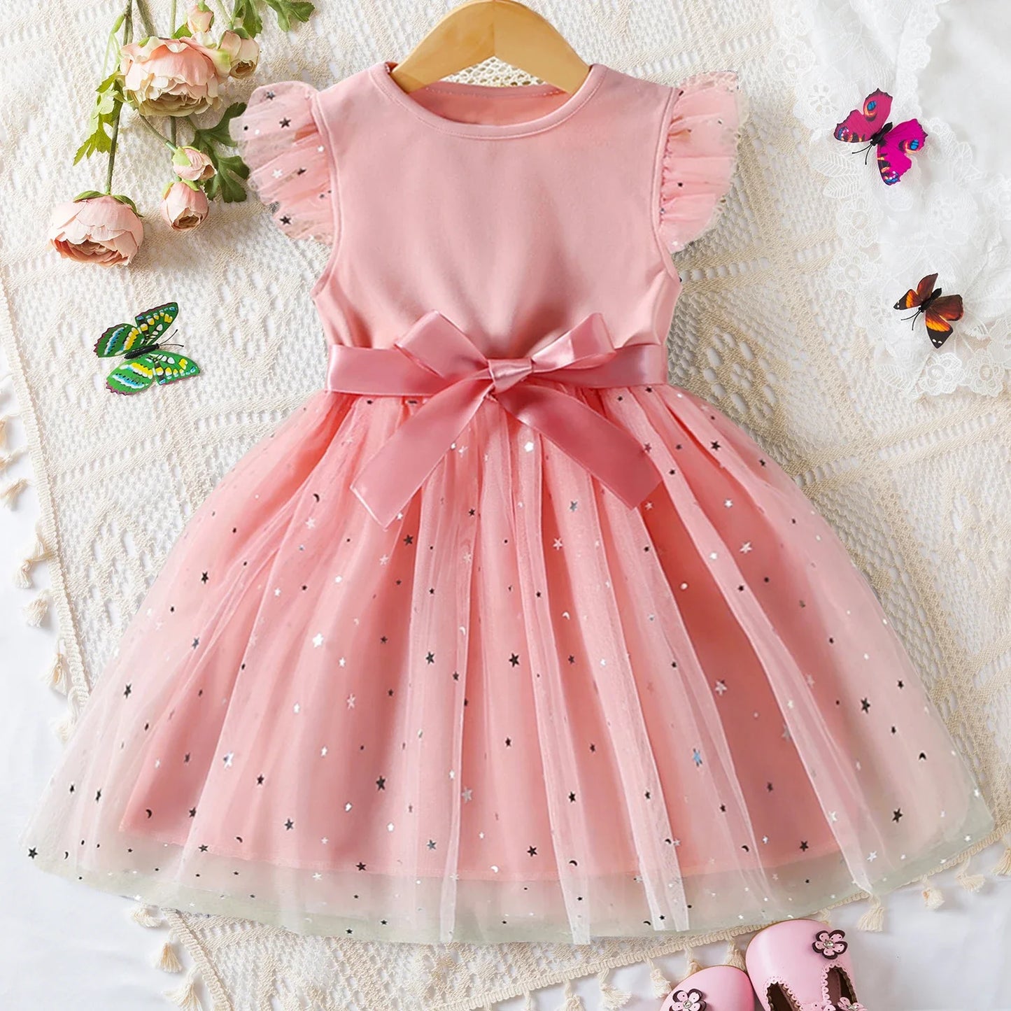 2024 New Butterfly Mesh Flying Sleeve Dress Girls Fashion Dresses Toddler Girls Casual Wear Children's Clothes 1-5Y Baby Girls