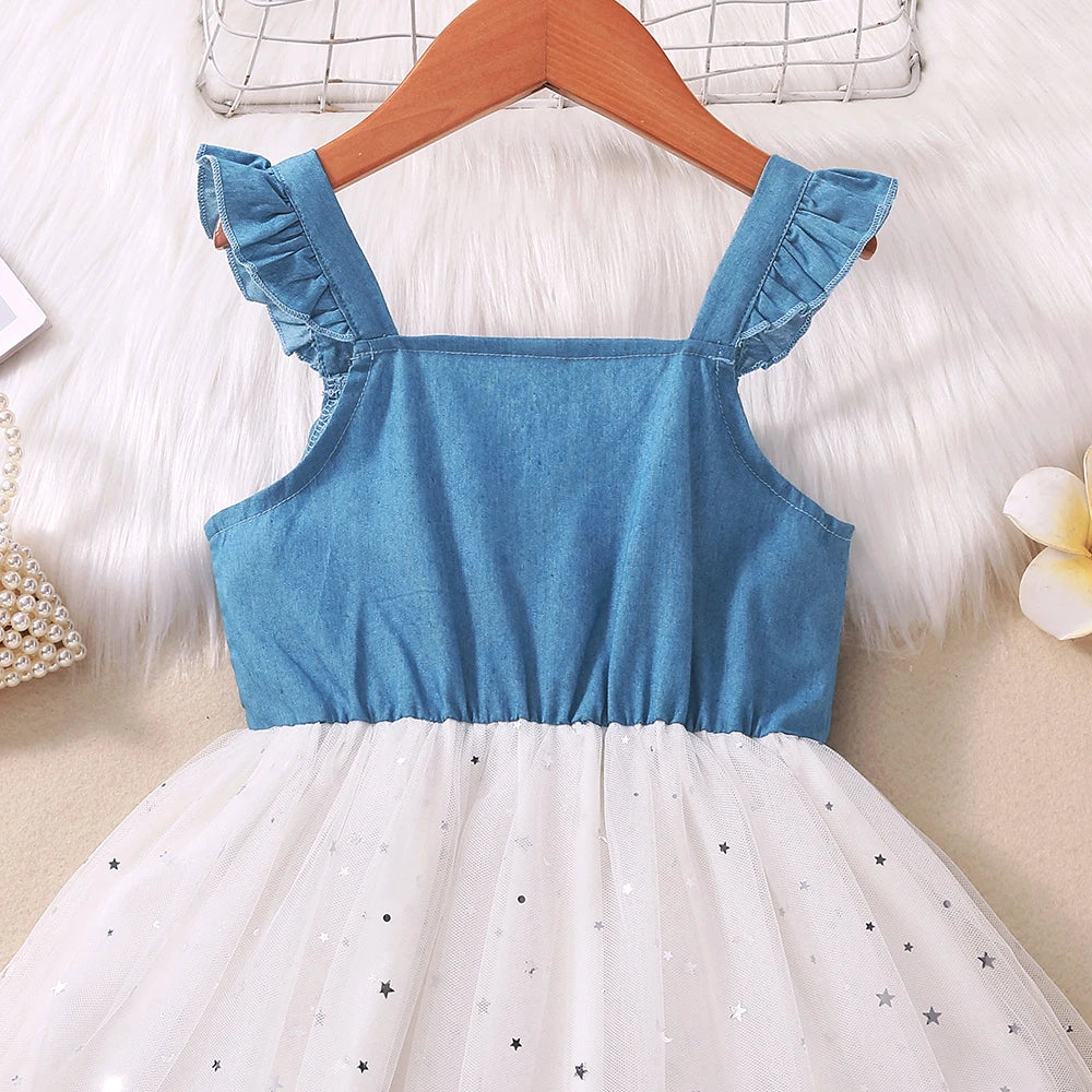 Summer New Leisure Little Flying Sleeves Hanging Strap Spliced Mesh Dress For Primary And Secondary School Girls