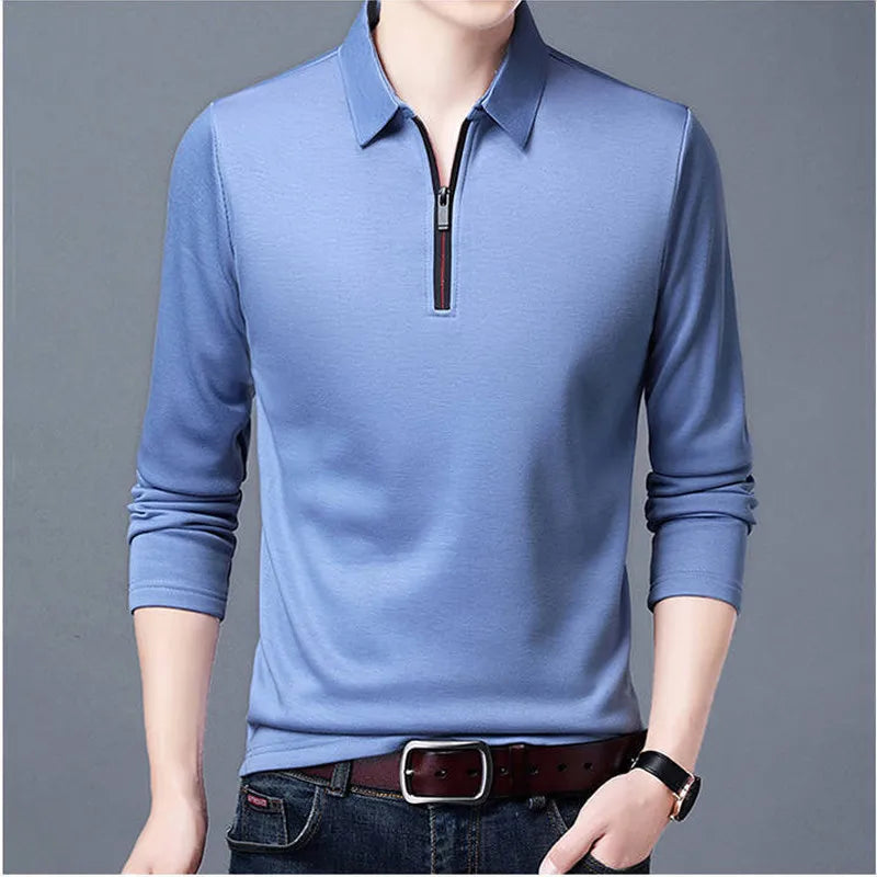 Smart Casual Men's Solid Polo Shirt Spring Autumn New Long Sleeve Zipper Collar Business Fashion Loose Polos Tops Clothing 2023