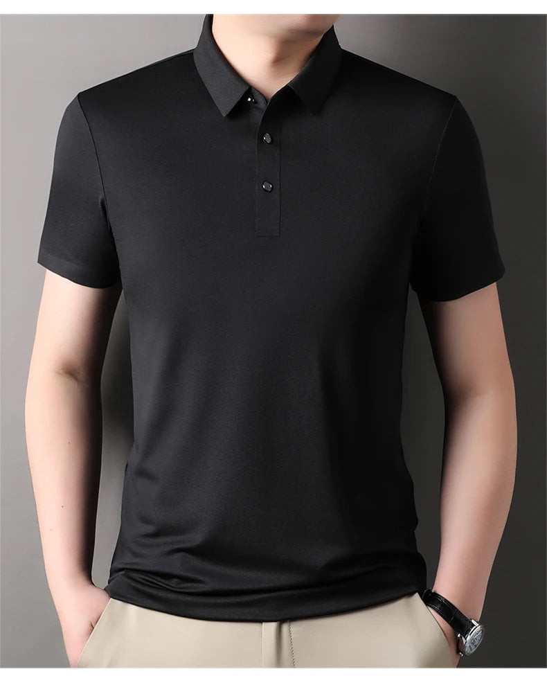 Summer Classic High Quality Solid Color Breathable Men's Short sleeved POLO Shirt Comfortable Ice Silk Casual Business T-shirt