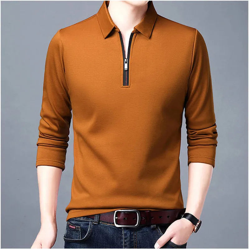 Smart Casual Men's Solid Polo Shirt Spring Autumn New Long Sleeve Zipper Collar Business Fashion Loose Polos Tops Clothing 2023