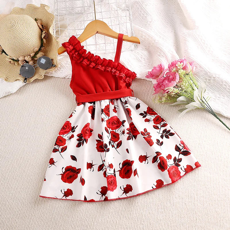 Summer Girls' Knee-length Skirt Casual Style Polyester Diagonal Shoulder Suspender Asymmetrical Sleeveless Printed Dress Belt