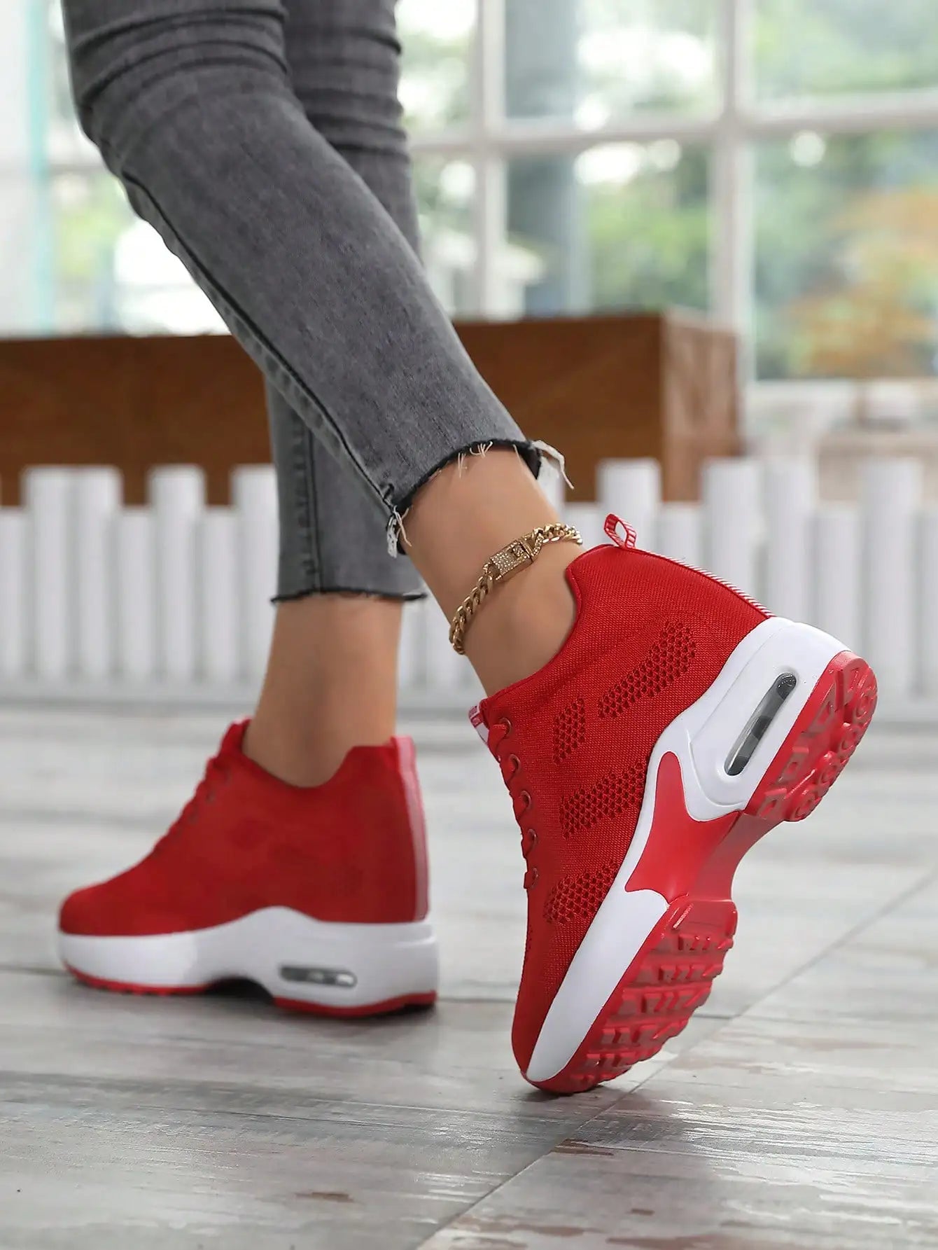 Women Knit Lace Up Platform Shoes Air Cushion Sneakers 8 cm Height Wedge Sneakers Red Casual Shoes Zapatillas Mujer 1912 v