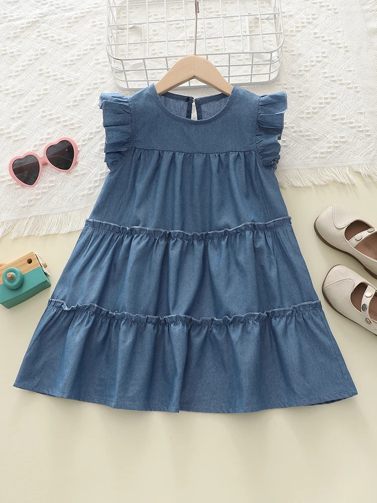 Humor Bear 2024 New Girls Flying Sleeve Pure Blue Tiered Dress Casual Wear Clothes for Kids