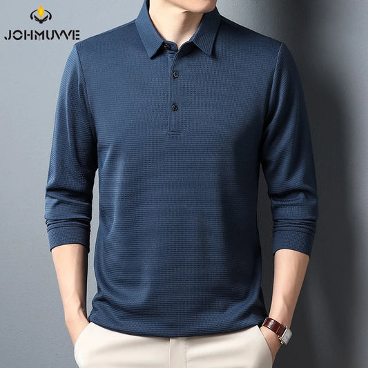 Men's Business Casual Polo Long Sleeve T-shirt Summer Comfortable Solid Cotton Top