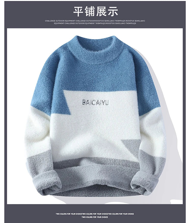 2023 Colorblock Warm Sweater Half Round Neck Sweater Slim Fit Sweater Top Knit Men's Christmas Cardigan