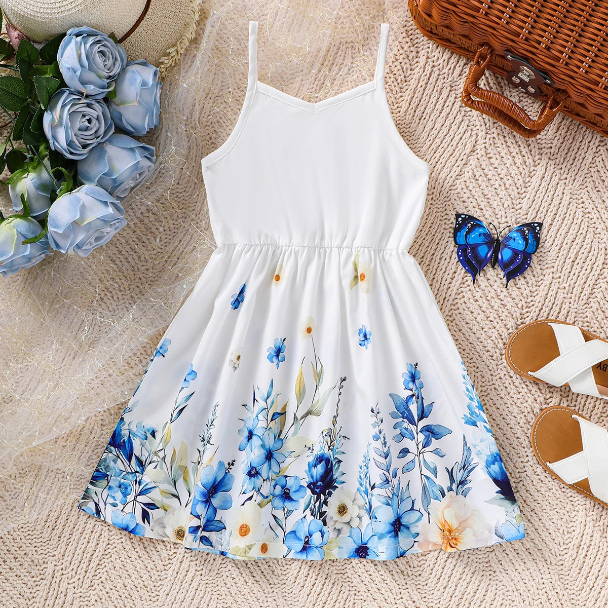 Kids Girl Summer New Sling Dress Flower Print Suspenders Dresses Sweet and lovely Daily Casual Clothing for Child Girl 4-7 Years