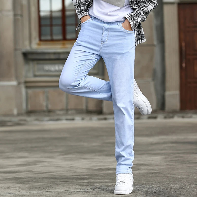 2023 Autumn New Men's Sky Blue Slim Stretch Jeans Classic Style Fashion Casual Denim Pants Male Brand Trousers