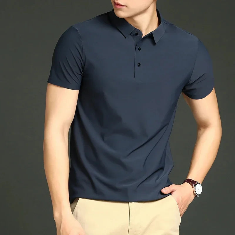 Summer T-shirt Short Sleeve Stretch Ice Silk Polo Shirt Men Business Casual Lapels Slim-Fitting Seamless Mercerized Thin Top Men