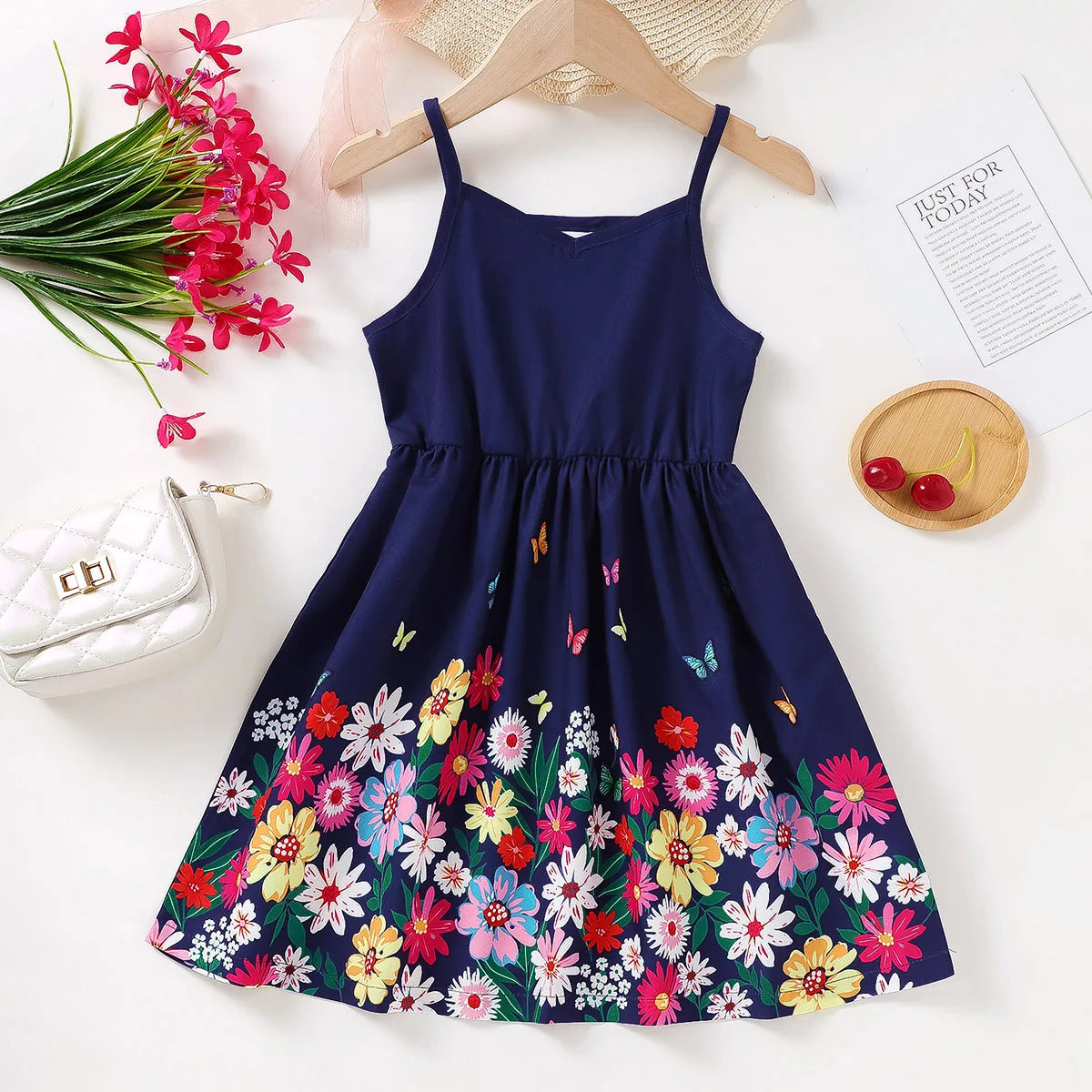 Kids Girl Summer New Sling Dress Flower Print Suspenders Dresses Daily Comfortable Casual Clothing for Children Girl 4-7 Years