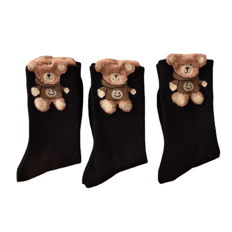 1Pairs Brown Retro Cotton Socks Bear Sock Girls Comfortable Middle Tube Sock Autumn Winter Soft Kawaii Socks For Women