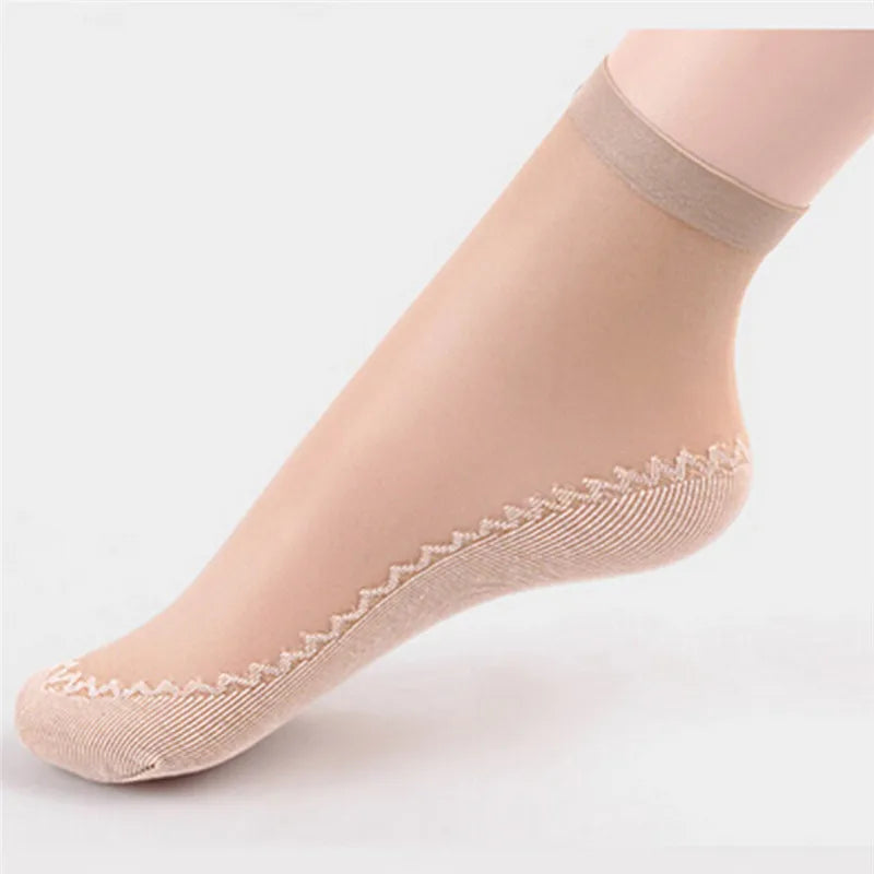 5 Pairs/ Lot Spring Summer Women Soft Socks Casual Non-Slip Bottom Splice Fashion Transparent Ladies Girls Thin Silk Sock