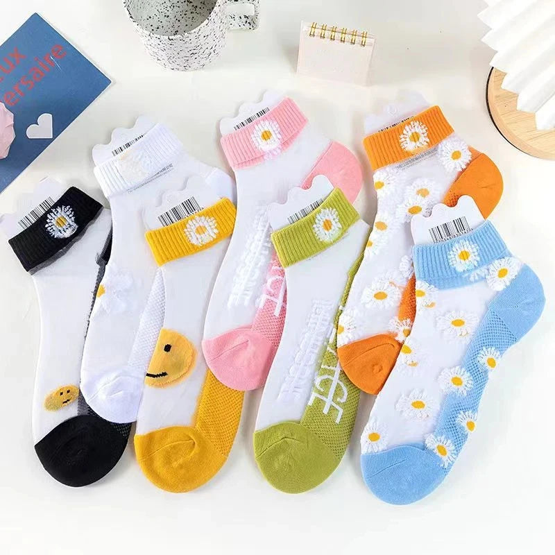 5 Pairs Summer Woman Silk Socks Ankle Lace Ultra-thin Girl’s Transparent Glass Fiber Fashion Daisy Flower Harajuku Cute Style