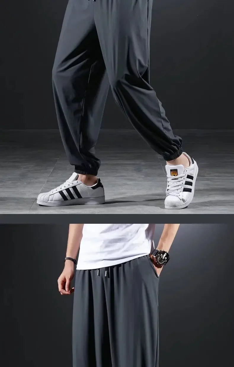 Summer Quick-drying Ice Silk Casual Pants Men's Ultra-thin Elastic Nine-point Pants Loose Drape Solid  Beam Feet Pants 7XL