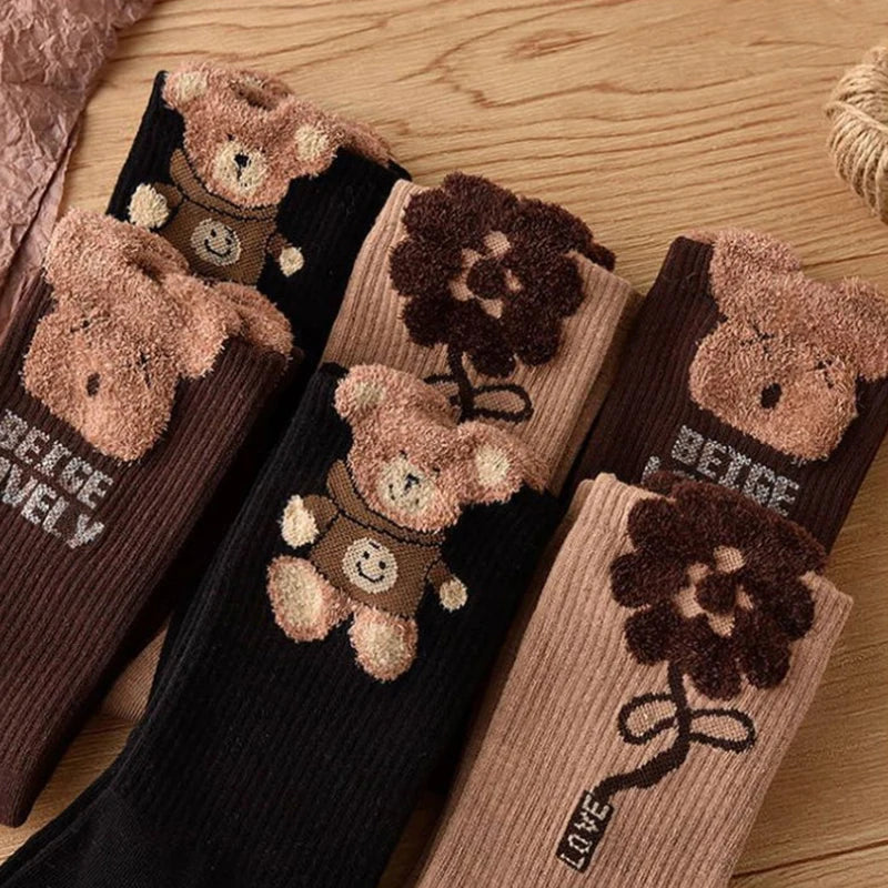 1Pairs Brown Retro Cotton Socks Bear Sock Girls Comfortable Middle Tube Sock Autumn Winter Soft Kawaii Socks For Women