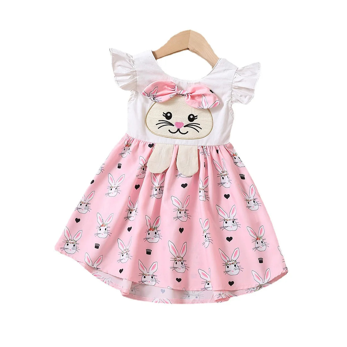 Summer Girls Cartoon Butterfly Sleeve Sleeveless Cute Rabbit Pattern Dress Little Girl Easter Skirt Suitable For Holiday Parties