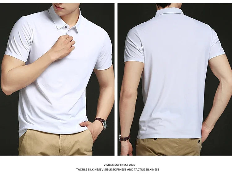 Summer T-shirt Short Sleeve Stretch Ice Silk Polo Shirt Men Business Casual Lapels Slim-Fitting Seamless Mercerized Thin Top Men