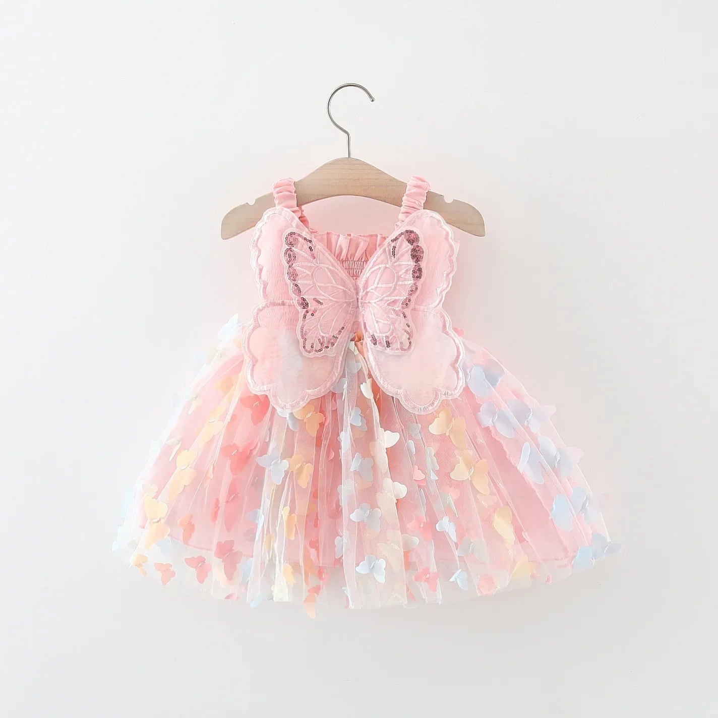 Summer Girl's Dress Sweet Suspender Wrap Waist Colorful Butterfly Mesh Back Big Wings Princess Skirt Suitable for Aged 80-110