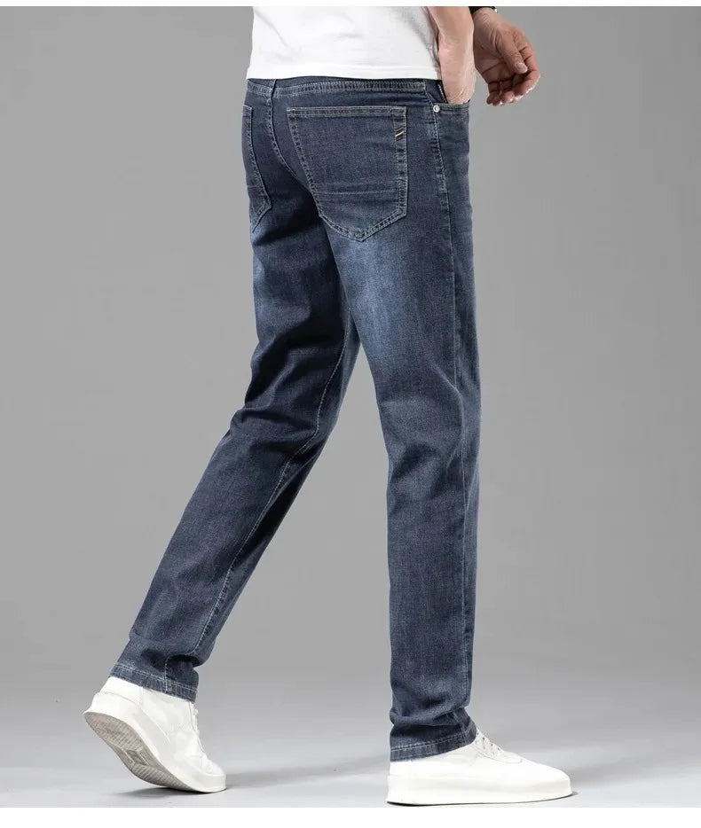 Summer Thin Men's Cotton Jeans New Fashion Gray Elastic Straight Business Casual Pants Comfortable Brand Trousers