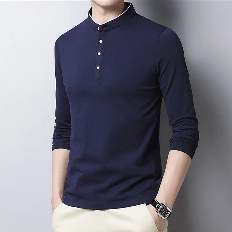 Men's Fashion Long sleeved POLO Shirt Casual Cotton Breathable Top Stand up Collar Korean Comfortable T-shirt Top