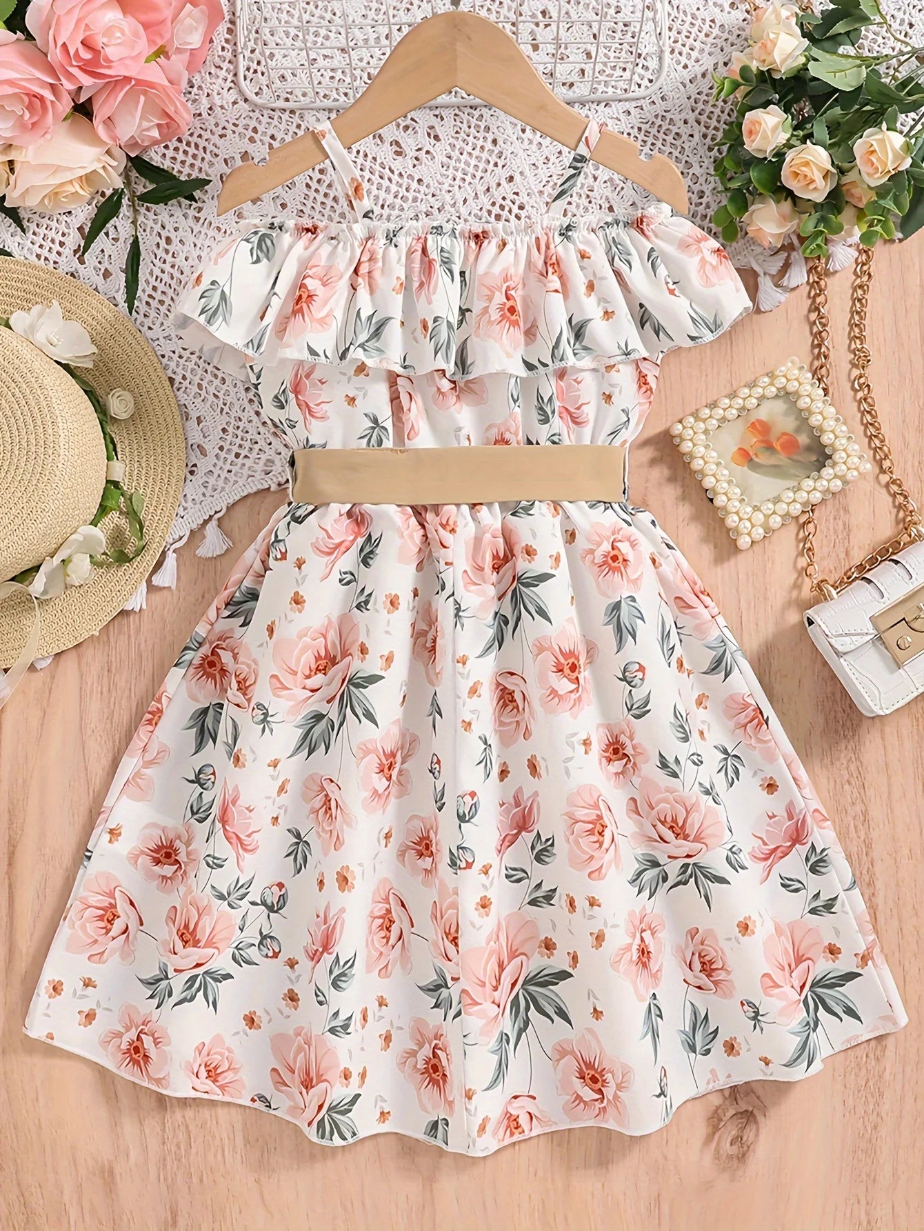 Girls Summer Flower Print Elegant Sling Dress with Belt