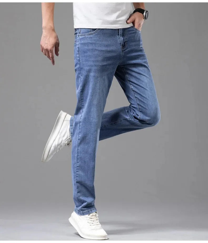 Summer Thin Men's Cotton Jeans New Fashion Gray Elastic Straight Business Casual Pants Comfortable Brand Trousers