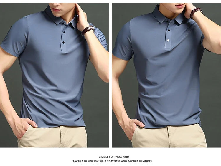 Summer T-shirt Short Sleeve Stretch Ice Silk Polo Shirt Men Business Casual Lapels Slim-Fitting Seamless Mercerized Thin Top Men