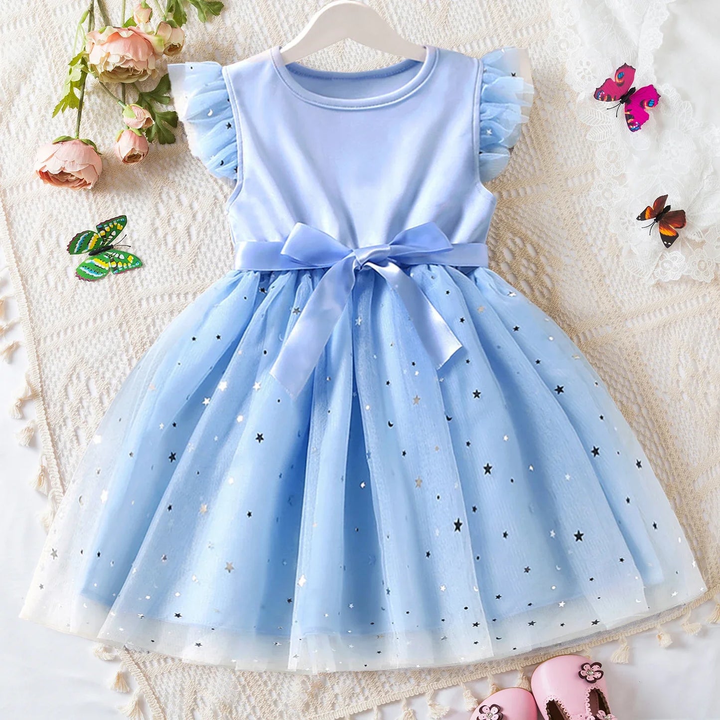 2024 New Butterfly Mesh Flying Sleeve Dress Girls Fashion Dresses Toddler Girls Casual Wear Children's Clothes 1-5Y Baby Girls