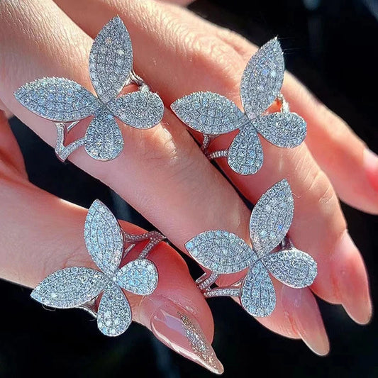 Huitan Bling Bling CZ Butterfly Rings for Women Silver Color Aesthetic Accessories Wedding Party Luxury Trendy Female Jewelry