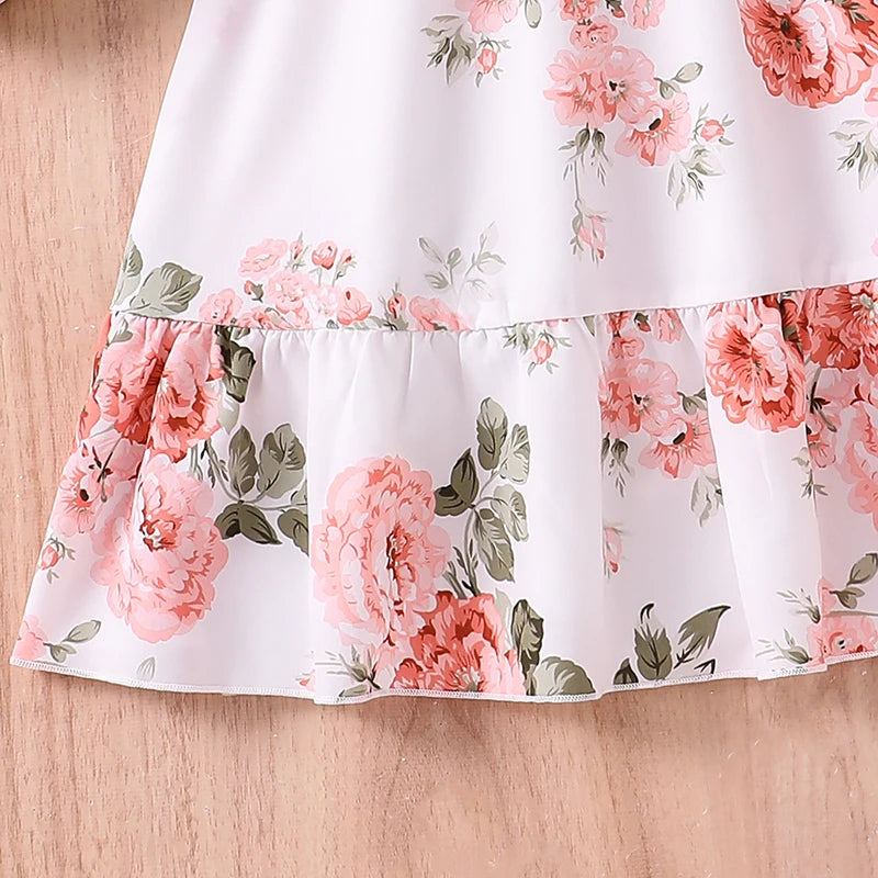 Summer Girls Dress For  8-12 Years White  Floral Print  Suspender Skirt  Edge off-shoulder  Elegant  Holiday  Party Dress