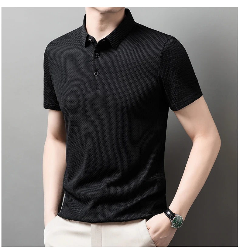 No Trace Of Ice Silk Polo Shirt Lapel Slim Business Casual Short-Sleeved T-Shirt Solid Color Buttons Summer Men's Clothing