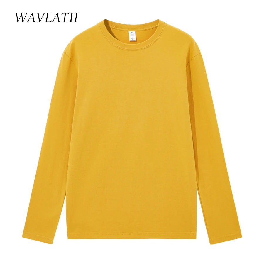 WAVLATII New Women Cotton Long Sleeve T shirts Female Pink White 230 GSM Soft Casual Base Tees Tops for Spring Autumn WLT2301