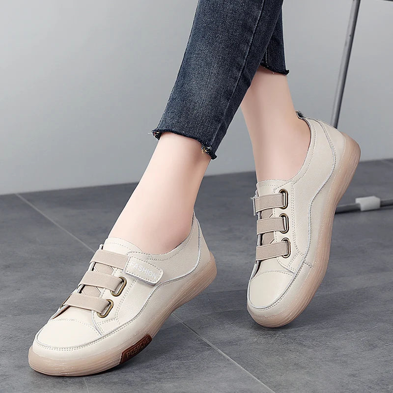 Summer Outdoor Women Jogging Casual Shoes Cow Leather Soft Sole Slip-on Flat Loafers Ladies Sneakers Breathable Walking Trainers