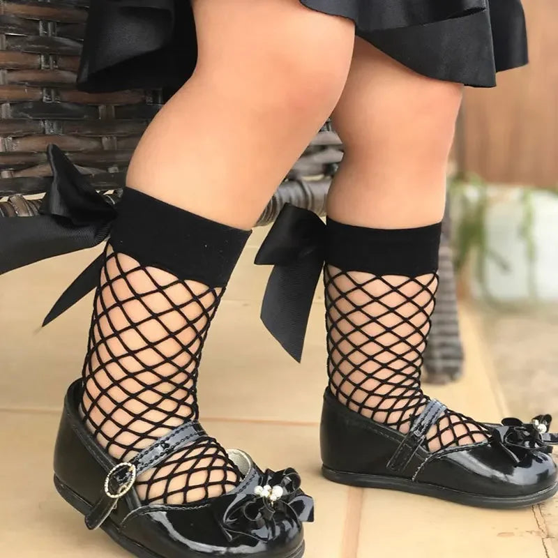 Summer Thin Baby Girls Kids Mesh Socks 2023 New Bow Fishnet Knee High Long Socks Net Vintage Black White Short Ankle Stockings