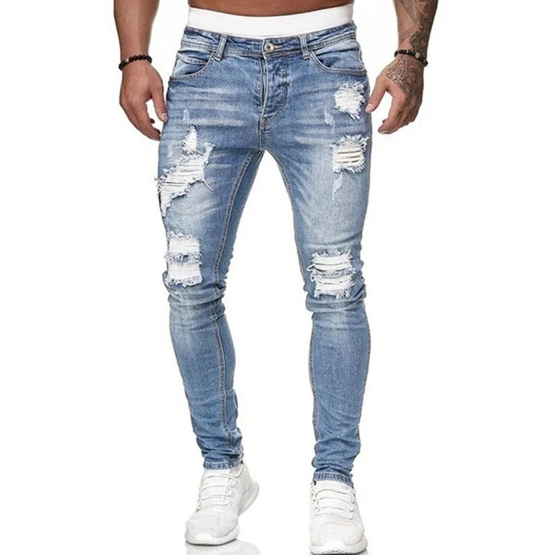 New Fashion Streetwear Ripped Skinny Jeans Men Vintage Wash Solid Denim Trouser Mens Casual Slim Fit Pencil Denim Pants Hot Sale