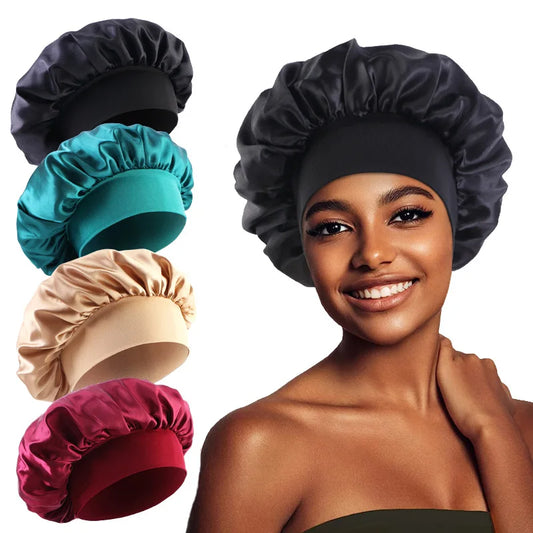 2024 New Women Satin Bonnet Hair Hat Head Wrap Elastic Band Cap Hair Care Soild Head Band Night Sleep Hat for lady