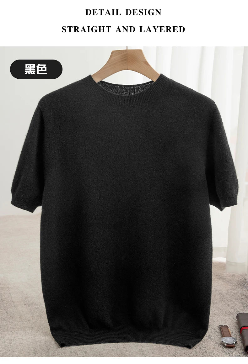 Spring Summer Men's Short Sleeved Pure Wool T-Shirt Sweater O-neck Solid Color Loose Pullover Knitted Sweater Casual Top